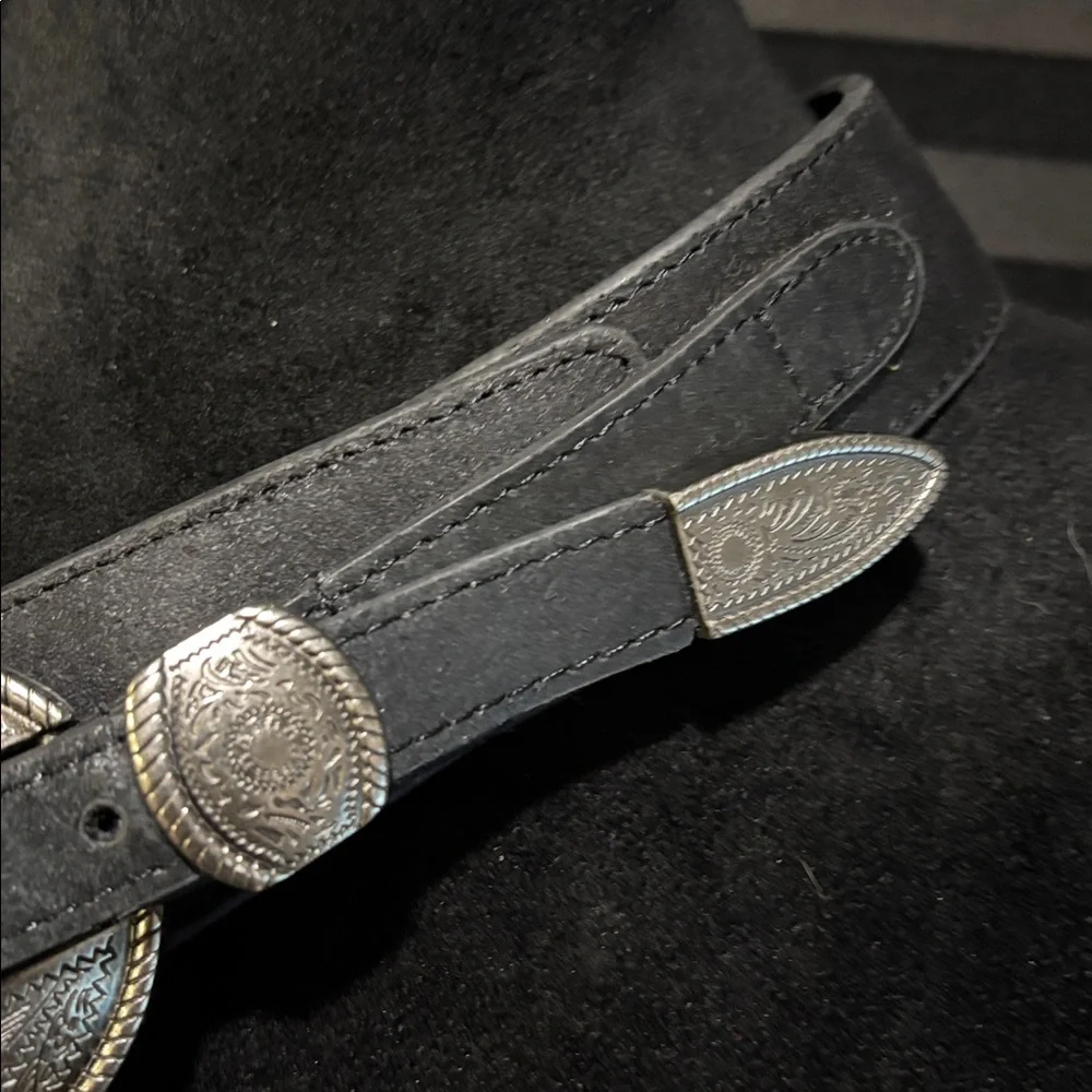 VERA PELLE Western 1.5” Black Leather Round Engraved Silver Buckle Belt MED‎ 35”